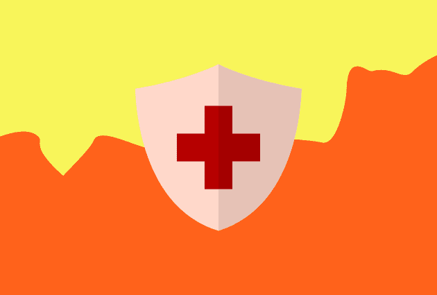 Shield with a red cross on it symbolising protection against an orange and yellow background