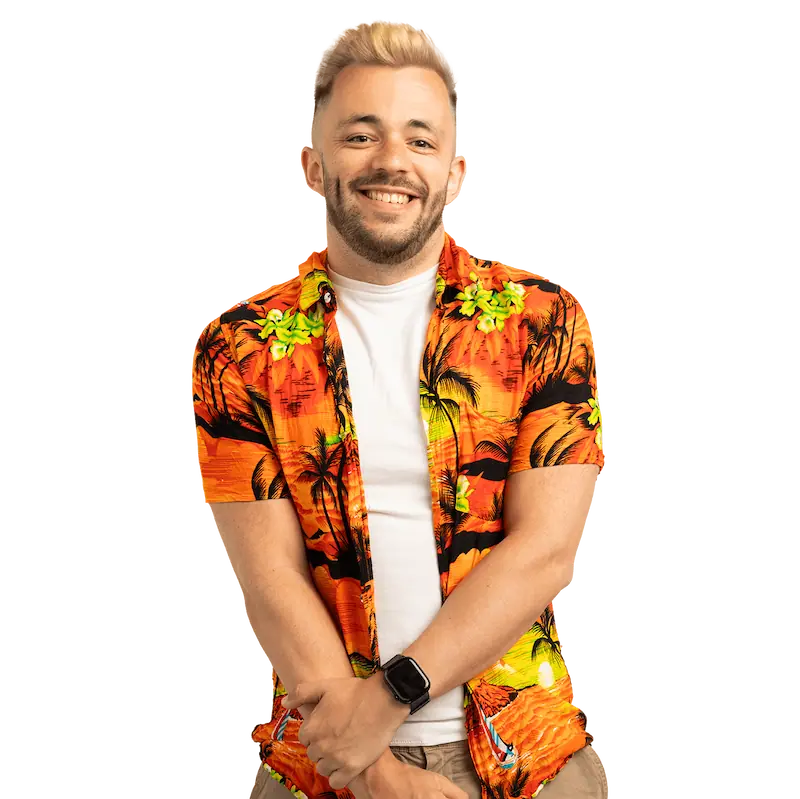 Londoner in patterned top smiles to camera