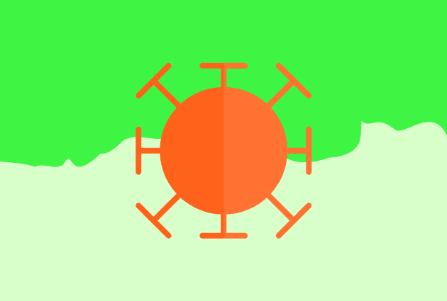 Orange icon of an STI sits in front of two toned green background