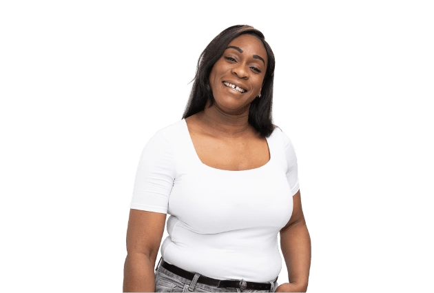 Londoner in white top smiles for camera