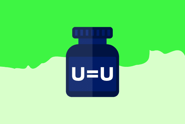 A blue bottle with "U=U" on it, symbolising HIV treatment sits against a two tone green background